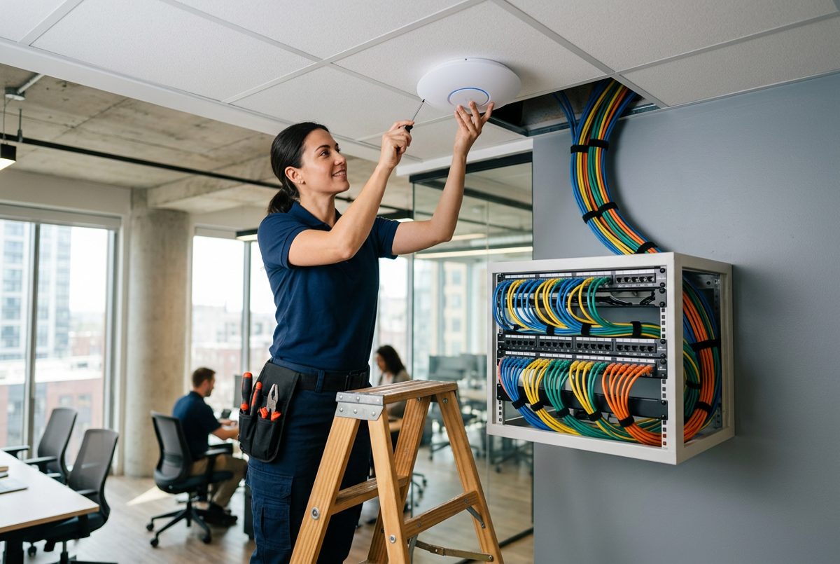 Technikerin montiert Access Point
